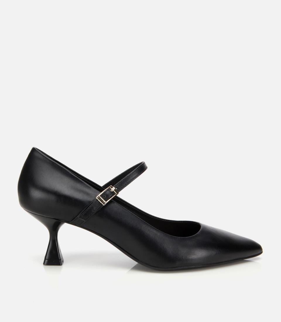  Kadın Deri Mary Jane Siyah  İnce Bantlı Stiletto