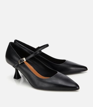  Kadın Deri Mary Jane Siyah  İnce Bantlı Stiletto