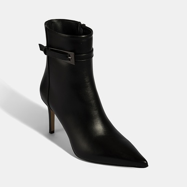  Kadın Siyah Metal Tokalı İnce Topuklu Deri Bot