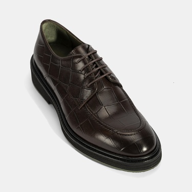  Erkek Kahve Bağcıklı Kroko Baskılı Deri Klasik Ayakkabı