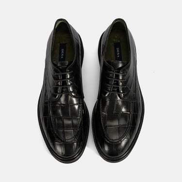 Erkek Siyah Bağcıklı Kroko Baskılı Deri Klasik Ayakkabı