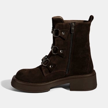  Kadın Kahve Metal Toka Detaylı Süet Deri Bot