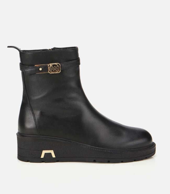  Kadın Deri Siyah Tokalı Dolgu Topuklu Bot