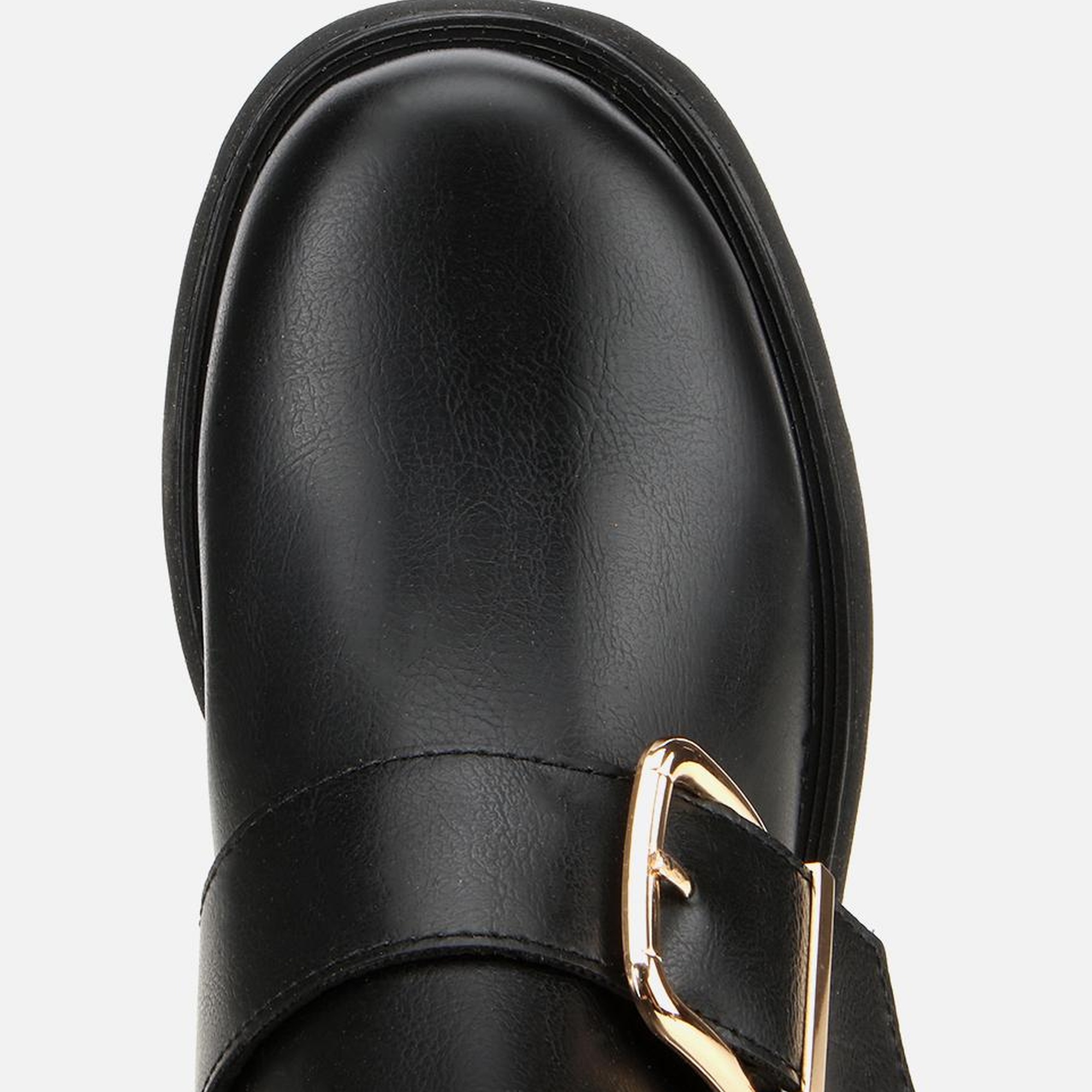 Kadın Siyah Lastik Detaylı Tokalı Kalın Tabanlı Düz Bot