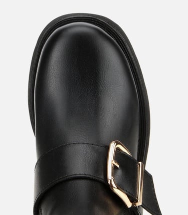  Kadın Siyah Lastik Detaylı Tokalı Kalın Tabanlı Düz Bot