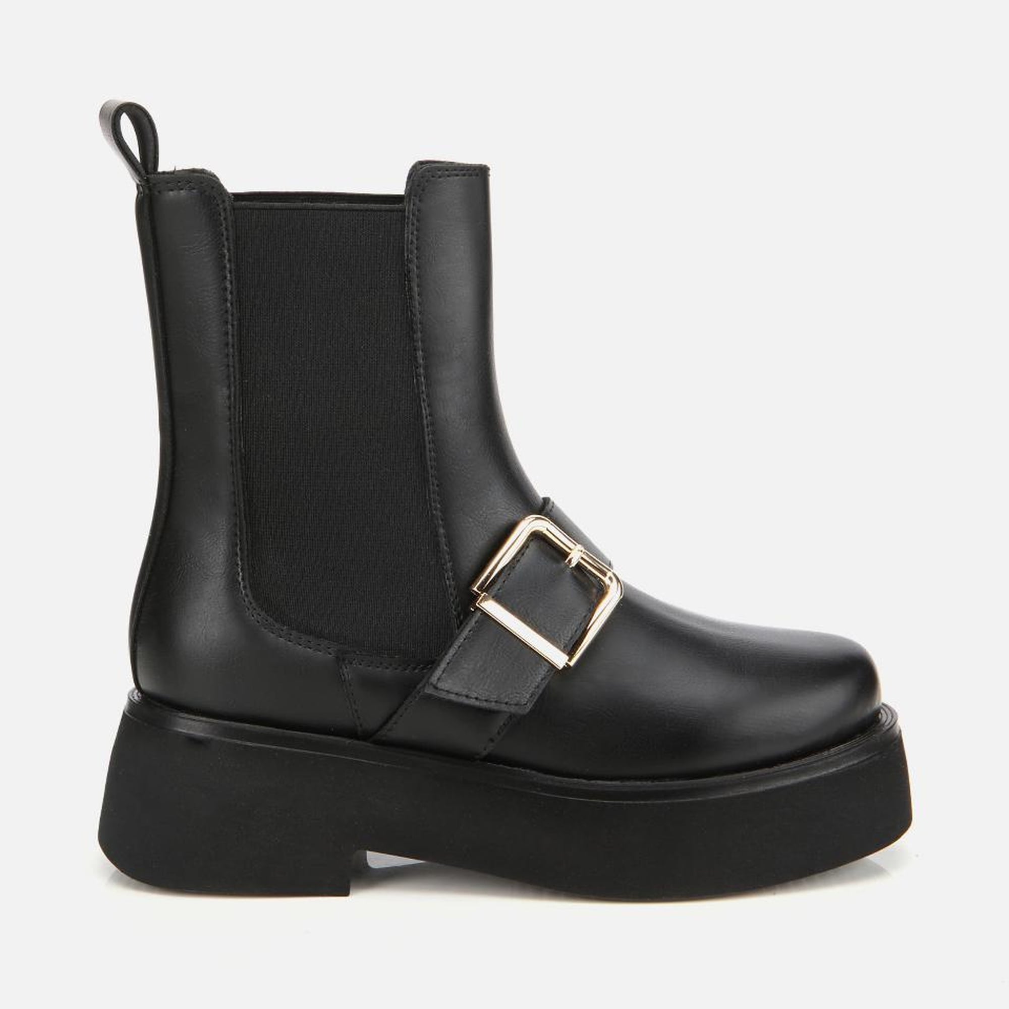 Kadın Siyah Lastik Detaylı Tokalı Kalın Tabanlı Düz Bot