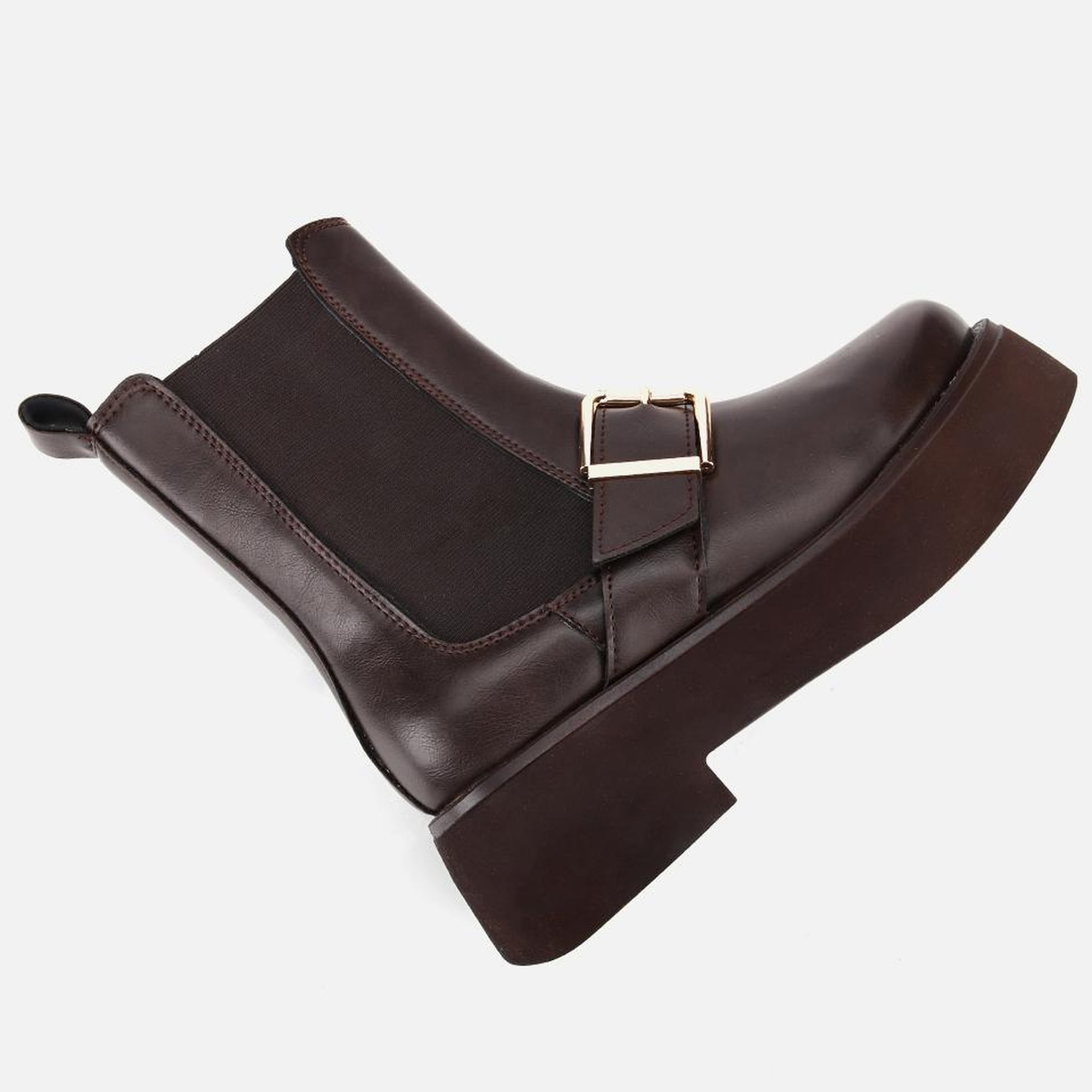 Kadın Kahverengi Lastik Detaylı Tokalı Kalın Tabanlı Düz Bot