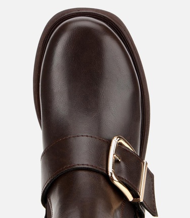  Kadın Kahverengi Lastik Detaylı Tokalı Kalın Tabanlı Düz Bot