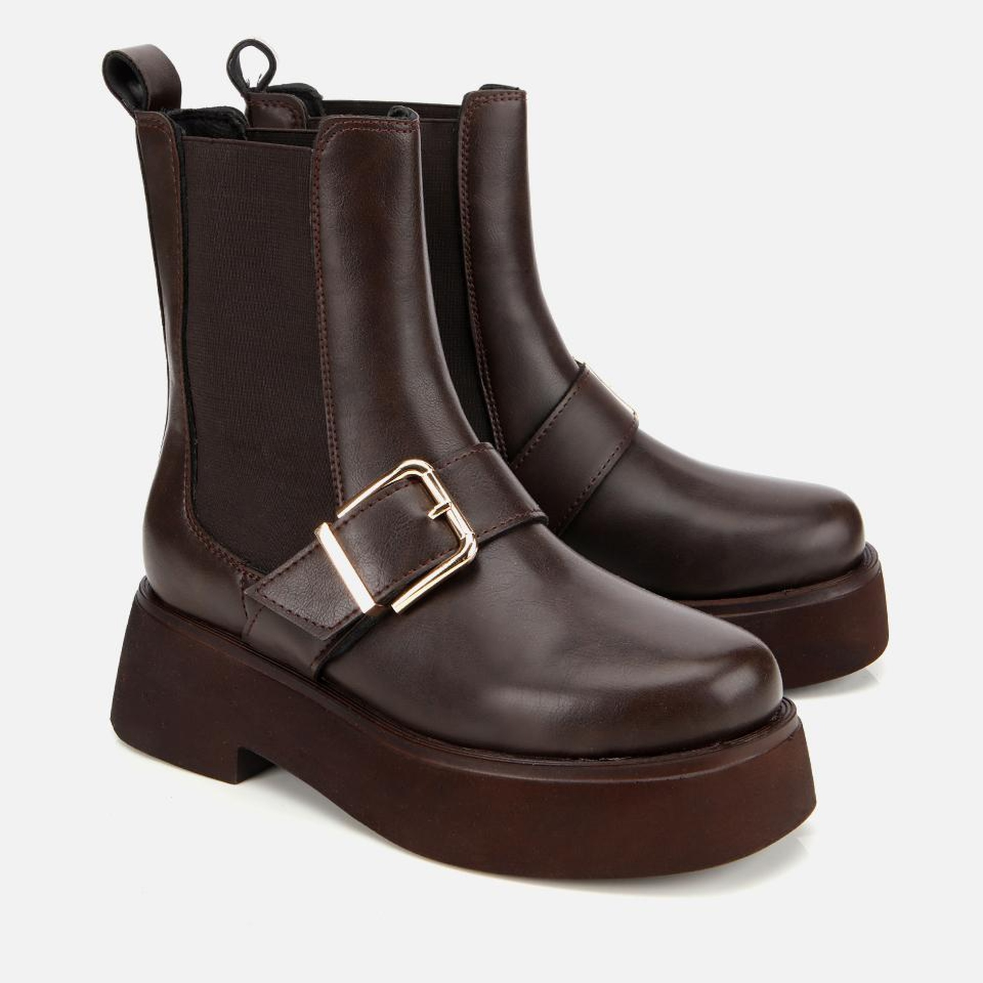 Kadın Kahverengi Lastik Detaylı Tokalı Kalın Tabanlı Düz Bot