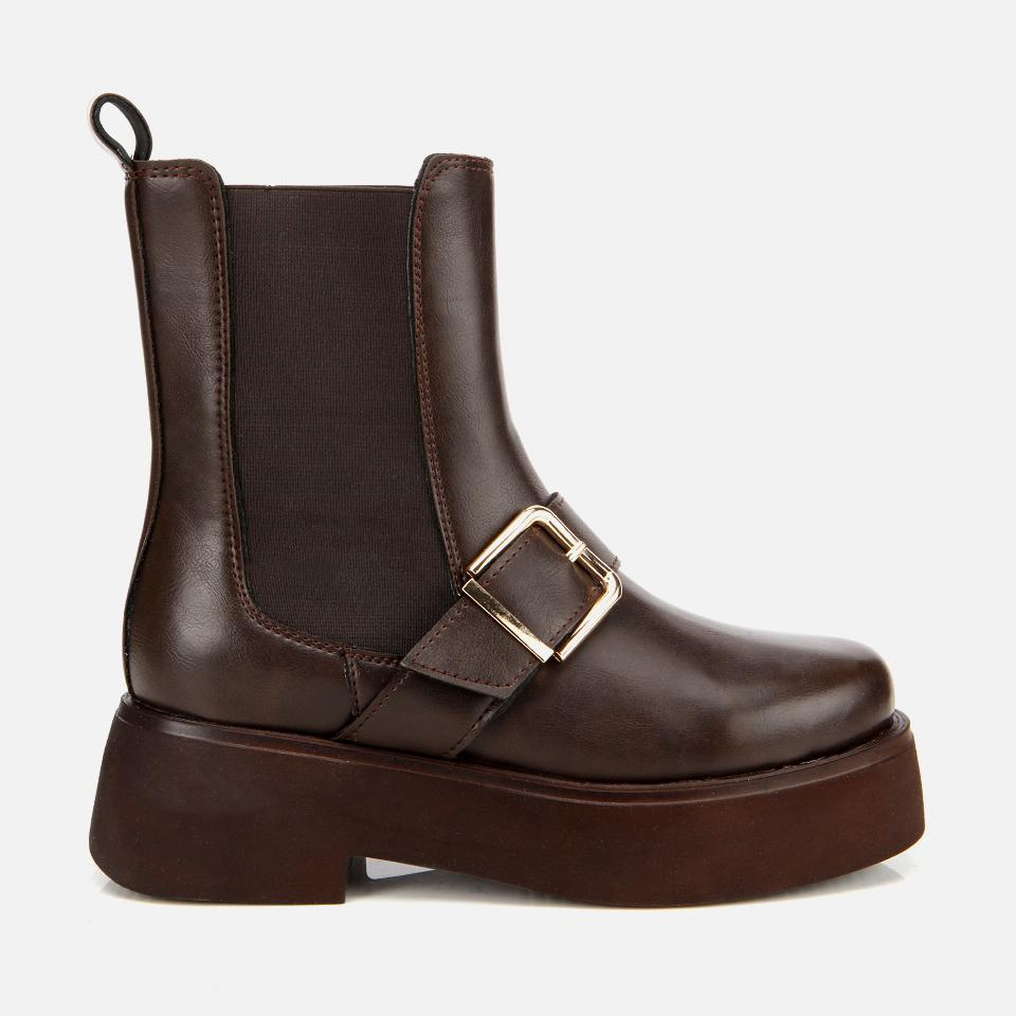 Kadın Kahverengi Lastik Detaylı Tokalı Kalın Tabanlı Düz Bot