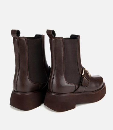  Kadın Kahverengi Lastik Detaylı Tokalı Kalın Tabanlı Düz Bot