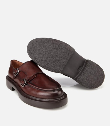  Erkek Deri Kahverengi Metal Tokalı Klasik Loafer