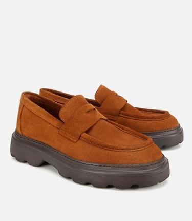  Erkek Süet Deri Taba Kalın Tabanlı Günlük Loafer