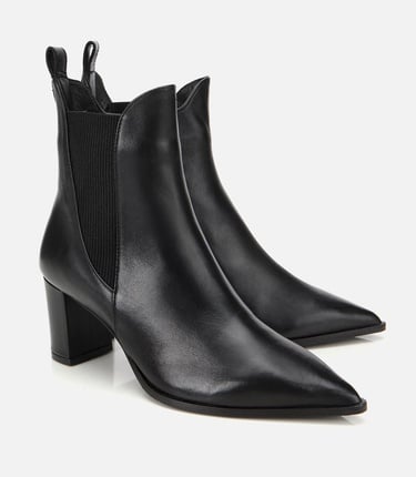  Kadın Deri Siyah Sivri Burunlu Streç Detaylı Bilekte Topuklu Bot