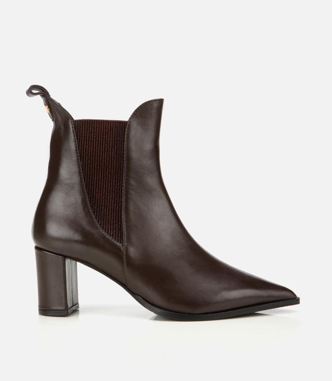  Kadın Deri Kahverengi Sivri Burunlu Streç Detaylı Bilekte Topuklu Bot