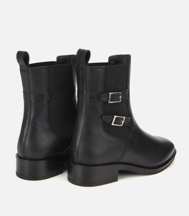  Kadın Deri Siyah Tokalı Lastik Detaylı Düz Bot