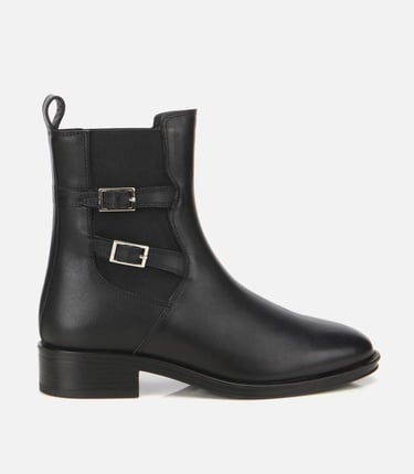  Kadın Deri Siyah Tokalı Lastik Detaylı Düz Bot