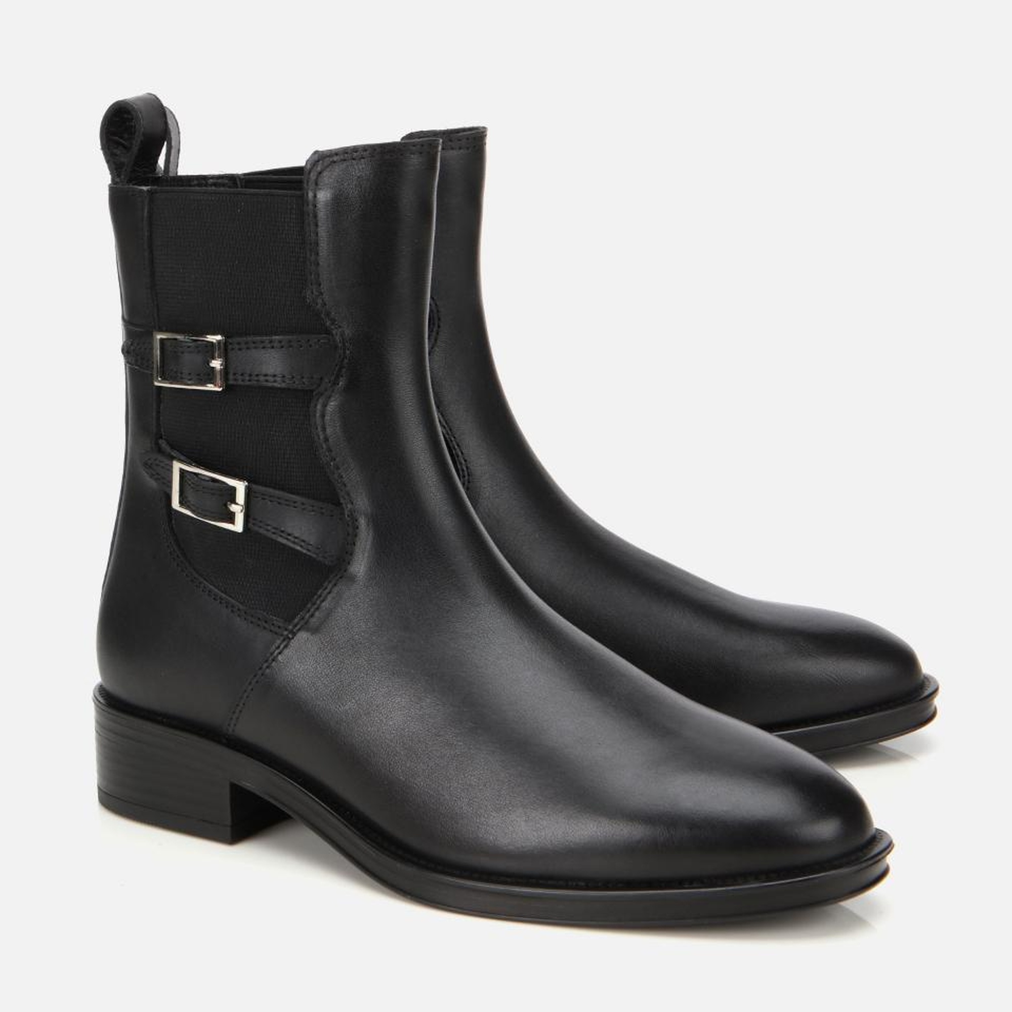 Kadın Deri Siyah Tokalı Lastik Detaylı Düz Bot