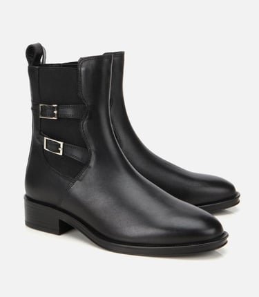  Kadın Deri Siyah Tokalı Lastik Detaylı Düz Bot