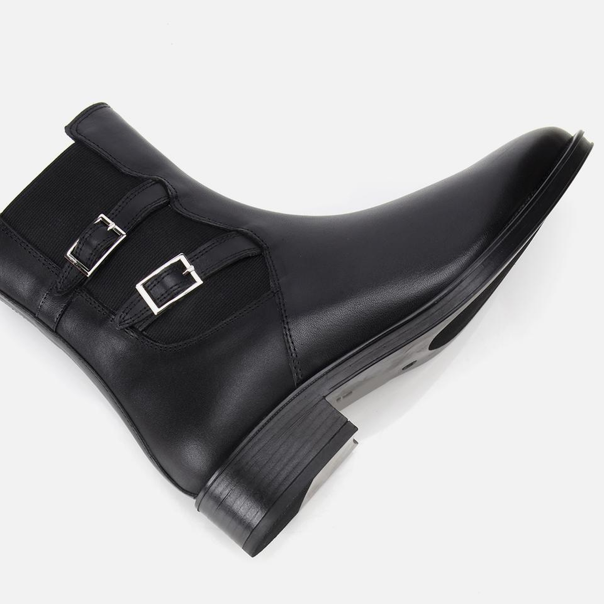 Kadın Deri Siyah Tokalı Lastik Detaylı Düz Bot