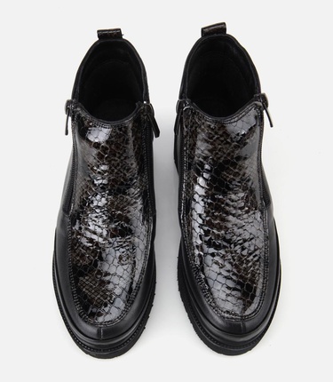  Kadın Deri Siyah Dolgu Topuklu Deri Baskılı Topuklu Bot