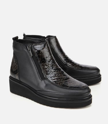  Kadın Deri Siyah Dolgu Topuklu Deri Baskılı Topuklu Bot