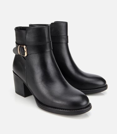  Kadın Deri Siyah Tokalı Bilekte Topuklu Bot