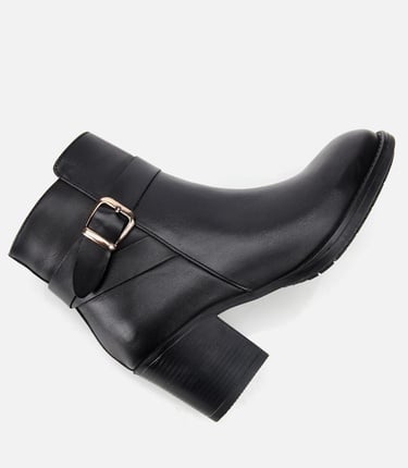  Kadın Deri Siyah Tokalı Bilekte Topuklu Bot