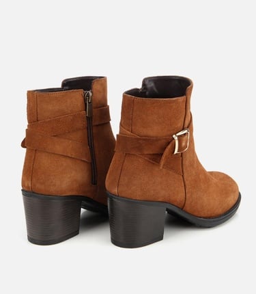  Kadın Süet Deri Taba Tokalı Bilekte Topuklu Bot