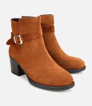  Kadın Süet Deri Taba Tokalı Bilekte Topuklu Bot