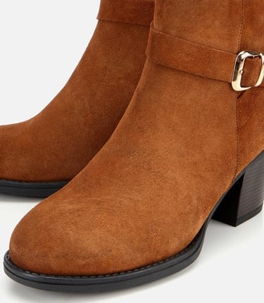  Kadın Süet Deri Taba Tokalı Bilekte Topuklu Bot