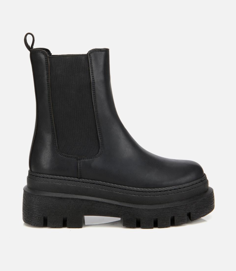  Kadın Siyah Lastik Detaylı Kalın Tabanlı Düz Bot