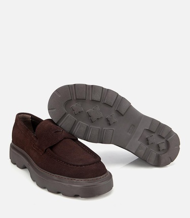  Erkek Süet Deri Kahverengi Kalın Tabanlı Günlük Loafer