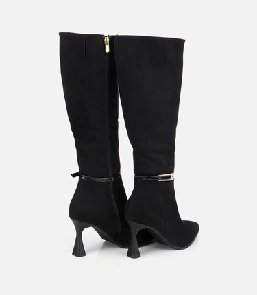  Kadın Süet Siyah Tokalı İnce Topuklu Bot