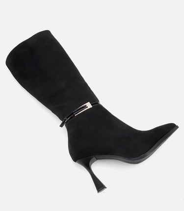  Kadın Süet Siyah Tokalı İnce Topuklu Bot
