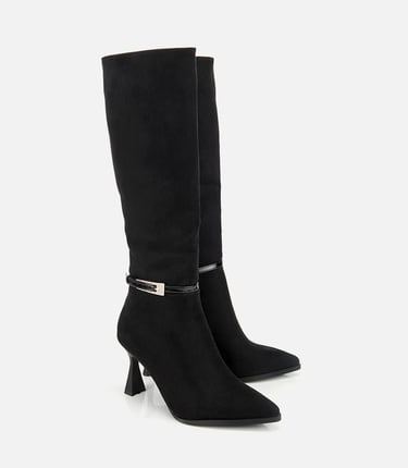  Kadın Süet Siyah Tokalı İnce Topuklu Bot