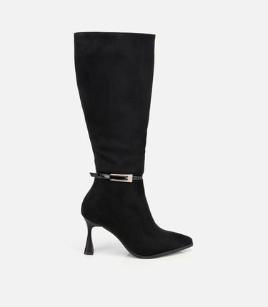  Kadın Süet Siyah Tokalı İnce Topuklu Bot