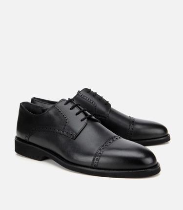  Erkek Deri Siyah İşlemeli Klasik Ayakkabı