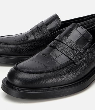  Erkek Deri Siyah Kroko Detaylı Klasik Loafer