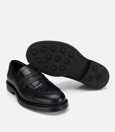  Erkek Deri Siyah Kroko Detaylı Klasik Loafer