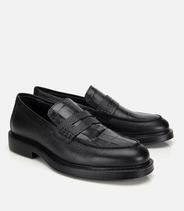  Erkek Deri Siyah Kroko Detaylı Klasik Loafer