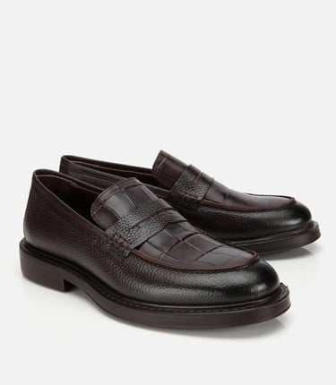  Erkek Deri Kahverengi Kroko Detaylı Klasik Loafer