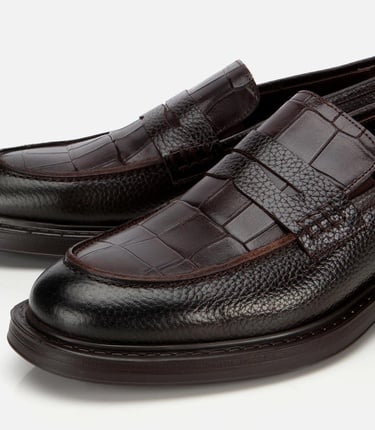  Erkek Deri Kahverengi Kroko Detaylı Klasik Loafer