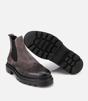  Erkek Süet Deri Gri Lastik Detaylı İşlemeli Chelsea Bot