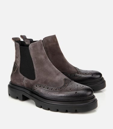  Erkek Süet Deri Gri Lastik Detaylı İşlemeli Chelsea Bot