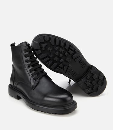  Erkek Deri Siyah  Fermuarlı Kalın Tabanlı Casual Bot
