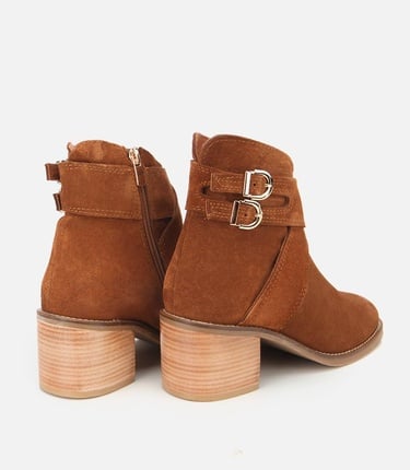  Kadın Süet Deri Taba Gold Detaylı Tokalı Topuklu Bot