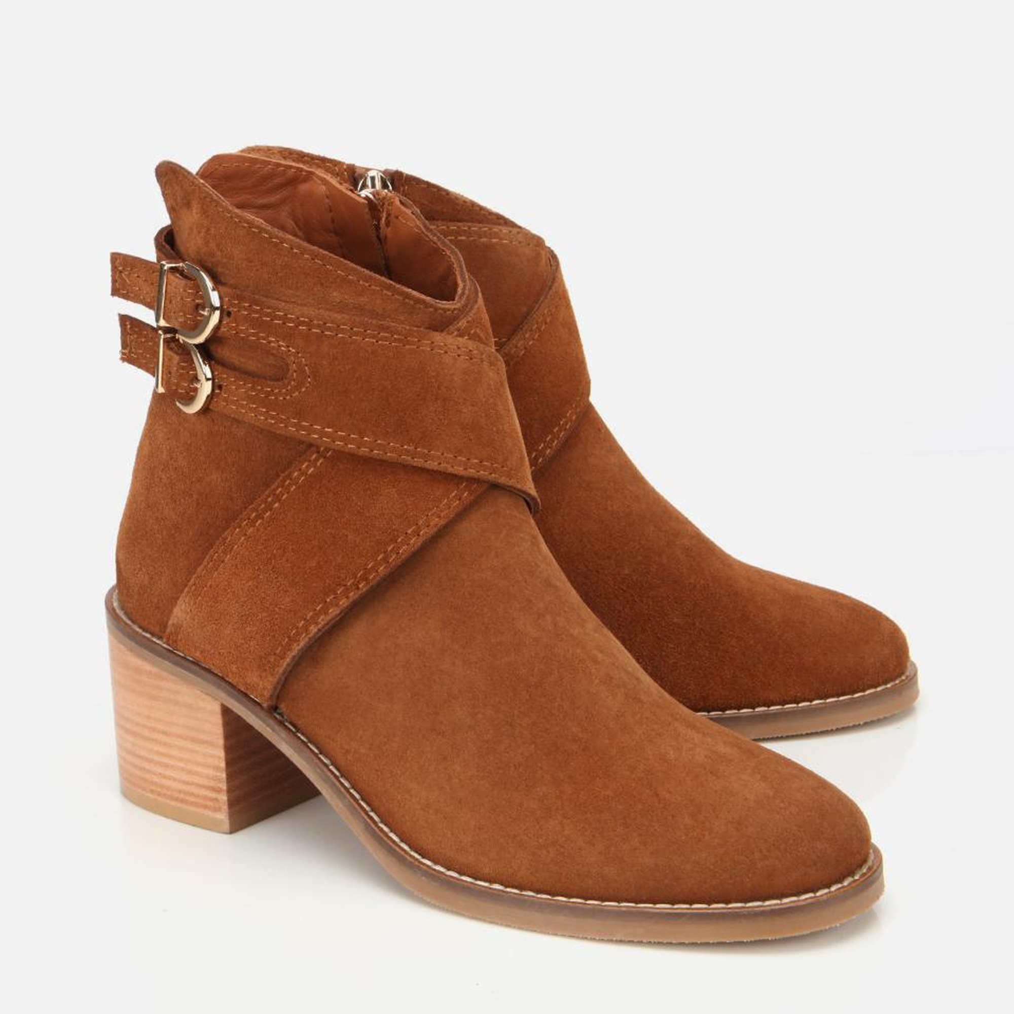 Kadın Süet Deri Taba Gold Detaylı Tokalı Topuklu Bot