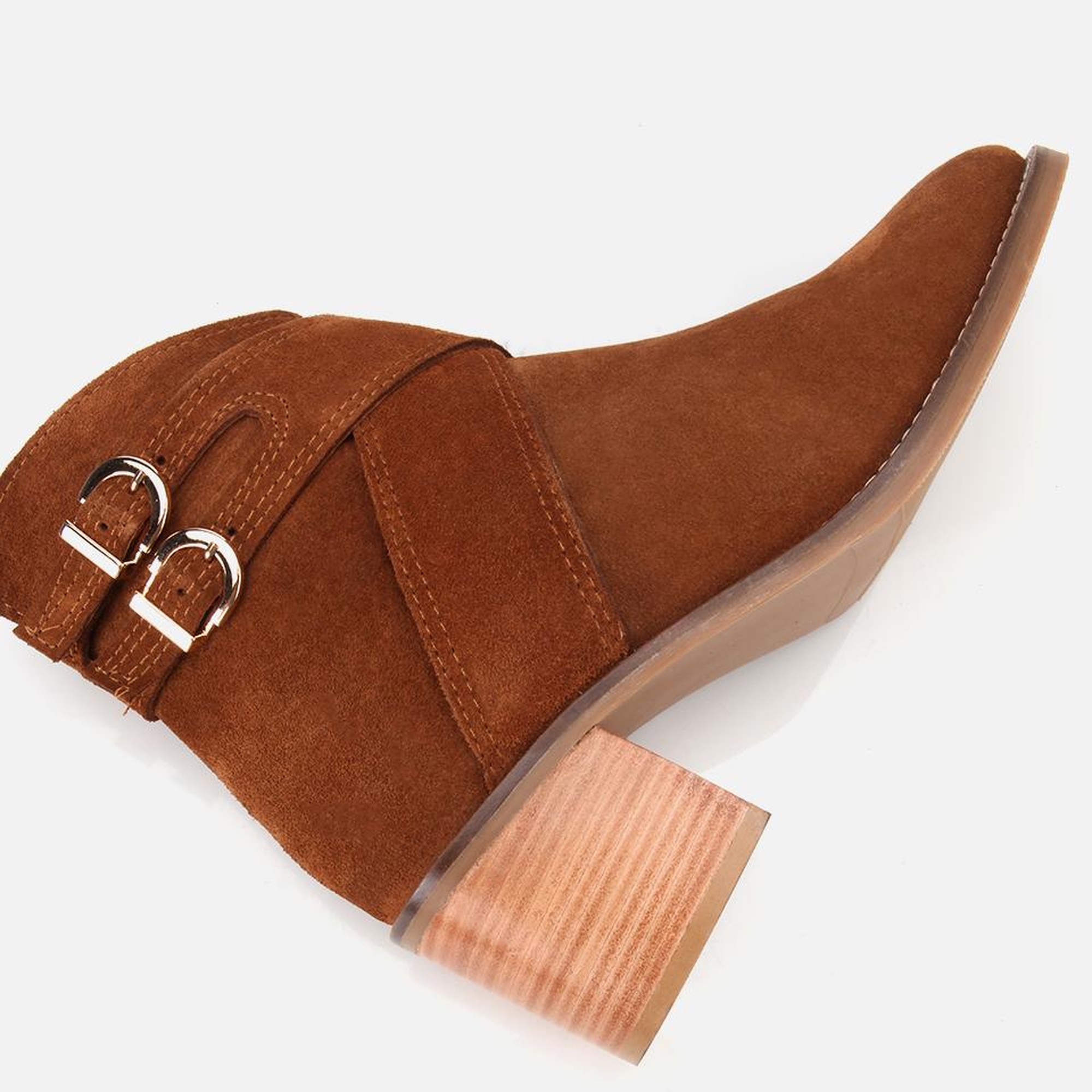 Kadın Süet Deri Taba Gold Detaylı Tokalı Topuklu Bot