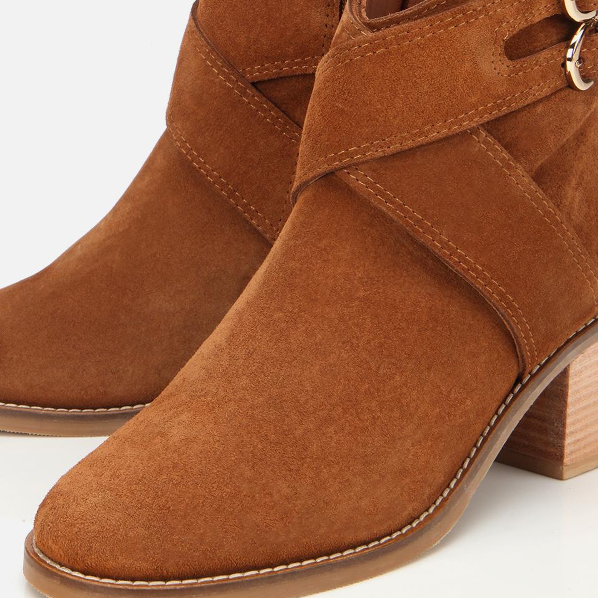 Kadın Süet Deri Taba Gold Detaylı Tokalı Topuklu Bot